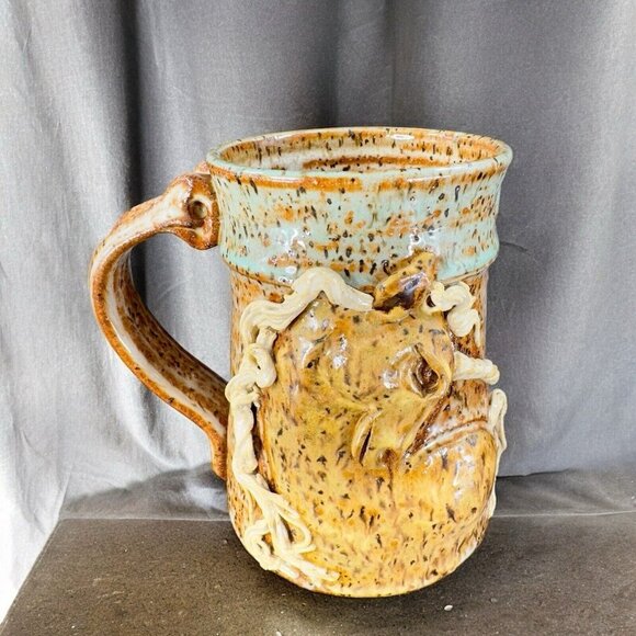 Hand Made Stoneware Pottery Coffee Mug Cup Unicorn Horse Raised Mug Brown VTG - Picture 1 of 16